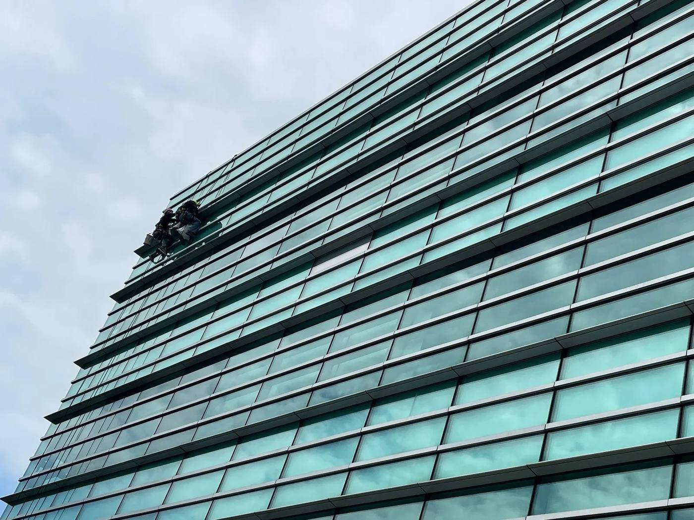 rope access technicians replacing façade glass on a green glass high-rise in Singapore